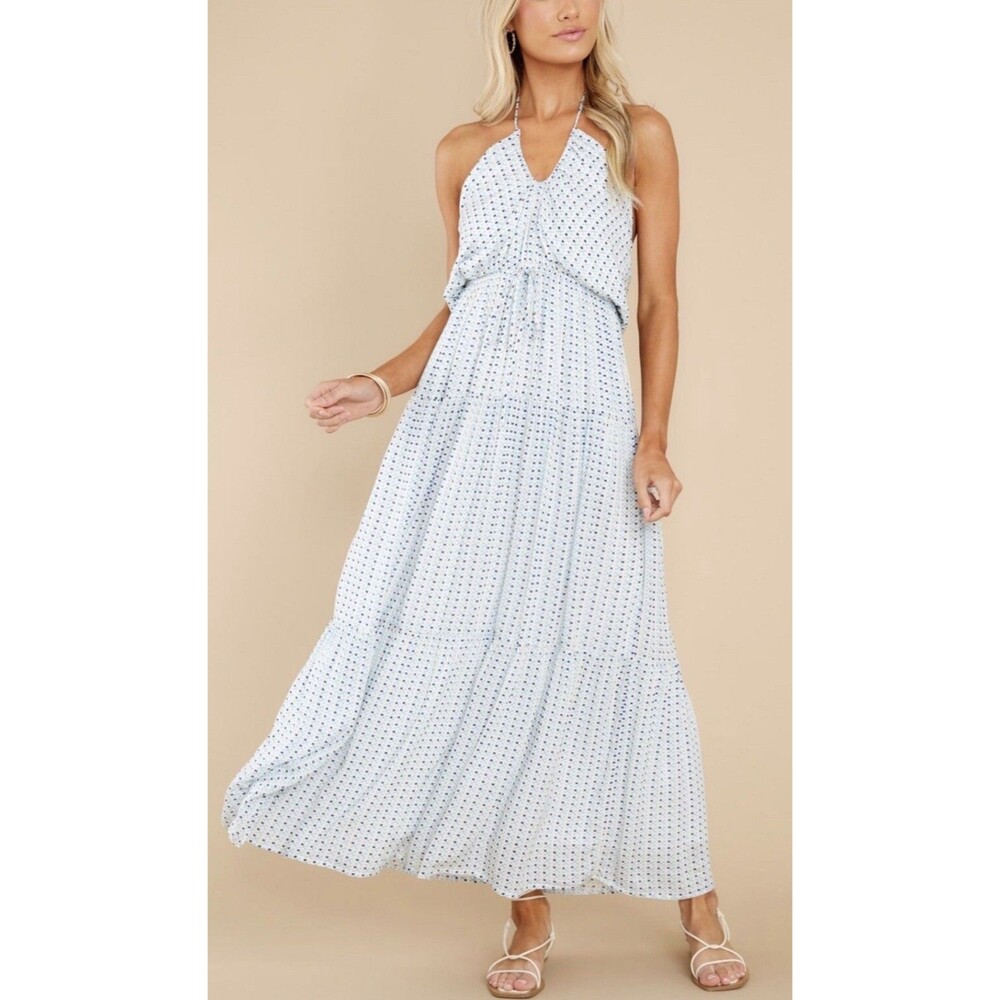 Mink Pink Women Midi Dress Blue Ivory Preppy Vacay Halter Coastal Size XS New